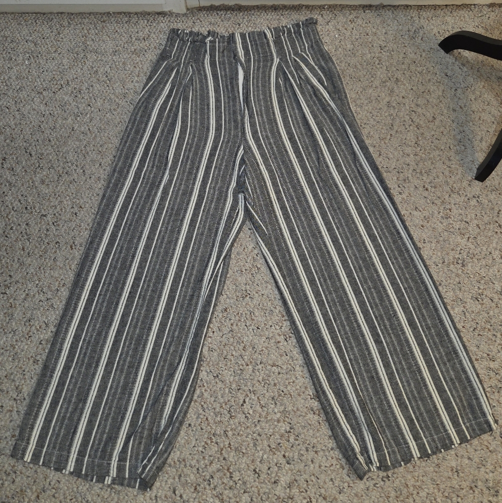 Striped Linen Paperbag Waist Gray and White Wide-Leg Pants